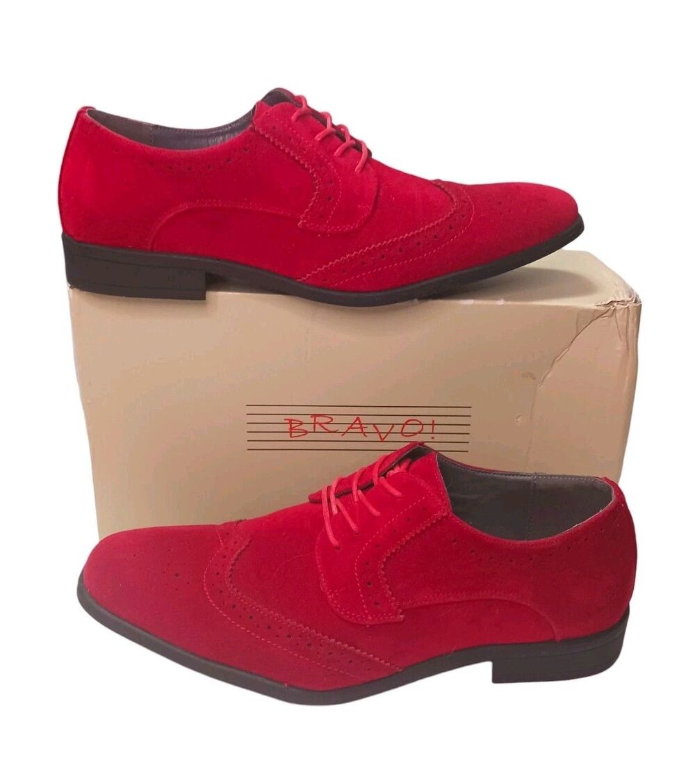 NEW BRAVO KING-3 Men's Size 10 Dress Shoes Red Faux Suede Classic Oxford Wingtip